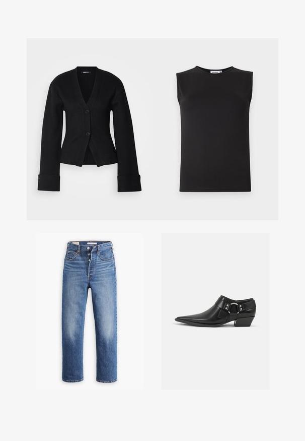 Cárdigan negro con un escote en V profundo, dos botones y mangas anchas. La tela parece suave, con un diseño ajustado y puños entallados.; Top negro sin mangas de tela suave y elástica. Presenta un escote redondo y una silueta ajustada. Sin patrones o acentos visibles.; Vaqueros de mezclilla azul con cintura alta, diseño de pierna recta y áreas desgastadas. Presentan bolsillos frontales y herrajes de metal.; Botas de cuero negras hasta el tobillo con puntera puntiaguda, que presentan una correa de cuero en la parte delantera y un detalle de hebilla plateada, además de un tacón bajo y cuadrado.