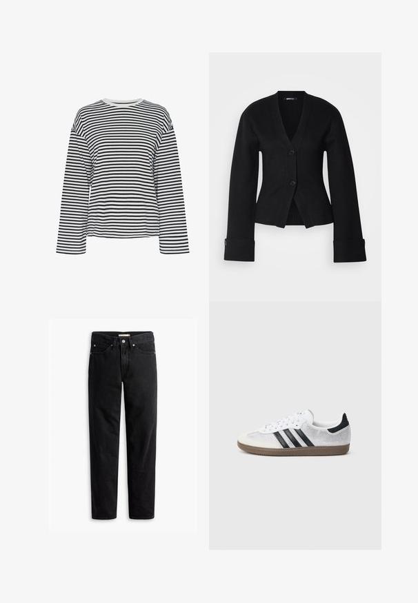 Cardigan noir avec un décolleté en V profond, deux boutons et des manches larges. Le tissu semble lisse, avec une coupe ajustée et des poignets cintrés.; Chemise à manches longues rayée noir et blanc avec un col rond. Tissu doux, coupe décontractée et accents de col contrastants.; Jeans noirs à jambe droite avec fermeture à bouton et à zip, passants de ceinture et poches avant et arrière, présentés à plat sur un fond blanc.; Baskets en mesh blanc avec des rayures noires, un embout en daim beige et un accent sur le talon, semelle en caoutchouc texturée, et lacets blancs. Design classique à tige basse.