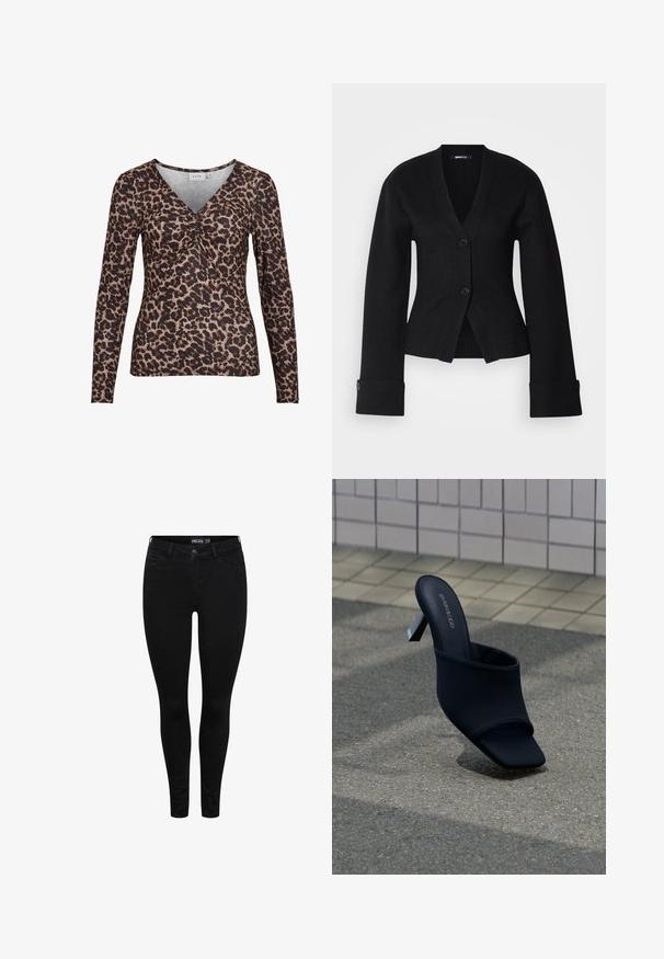 Sort cardigan med dyb V-udskæring, to knapper og brede ærmer. Stoffet ser glat ud, med en tætsiddende design og skræddersyede manchetter.; Langærmet top med leopardmotiver og V-udskæring, der har en samling i midten og er lavet af et blødt, strækbart stof.; Pieces PCDELLY - Jeans Skinny Fit - black denim; Sort åben tå mule med blokhæl og firkantet tå, mærket "EVEN&ODD," placeret på gråt fortov nær flisebelagt væg.