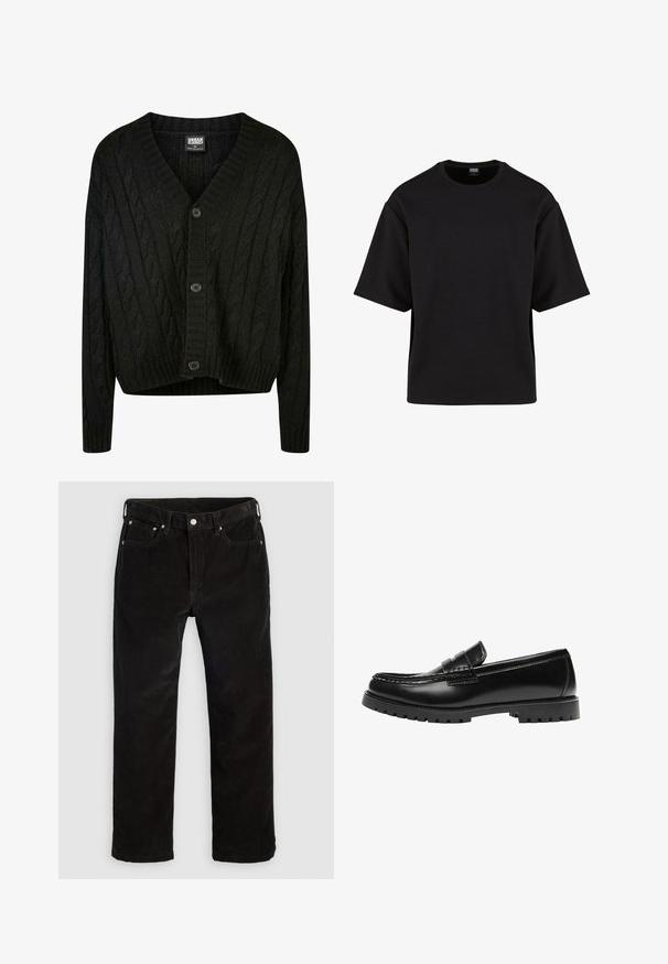 Sort kabelstrik cardigan med V-hals, lange ærmer og fem brune knapper foran. Har ribbede detaljer og en cropped kant.; Urban Classics SCUBA TEE - T-shirts basic - black; Sorte corduroy lige bukser med frontknap, lynlås, bæltestropper og fem-lomme design på en ensfarvet lys baggrund.; Sort læderloafer med en kraftig gummisål og klassiske penny-strap detaljer, vist fra ydersiden.