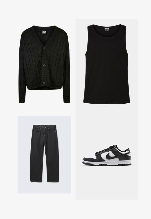 Sort kabelstrik cardigan med V-hals, lange ærmer og fem brune knapper foran. Har ribbede detaljer og en cropped kant.; Sort tanktop lavet af blødt bomuldsstof. Har en rund halsudskæring og brede armhuller, uden synlige mønstre eller accenter.; Sorte jeans med lige ben, fem lommer og knaplukning i taljen, lagt fladt på en lys baggrund.; Sort og hvid Nike Dunk sneakers med læderoverdel, perforeret tå, sorte snørebånd og en sort gummisål med slidbanedesign.