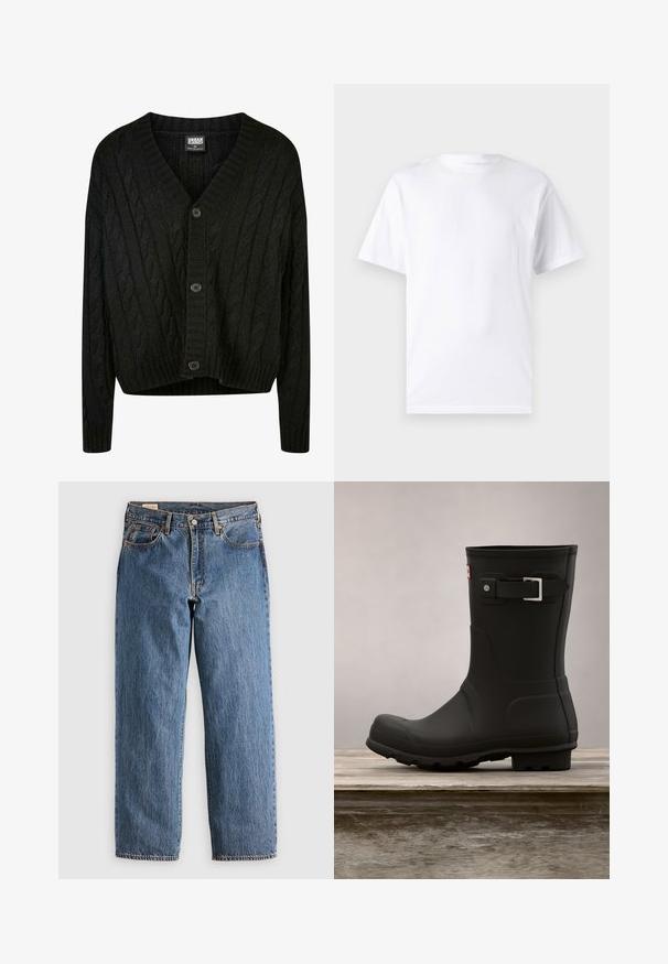 Schwarze Kabelstrick-Cardigan mit V-Ausschnitt, langen Ärmeln und fünf braunen Knöpfen auf der Vorderseite. Mit Rippdetails und einem verkürzten Saum.; Weißes kurzärmeliges T-Shirt aus Baumwolle mit Rundhalsausschnitt, das eine glatte Textur und ein einfaches Design ohne Muster oder Akzente aufweist.; Blaue Jeans aus Denim mit geradem Schnitt, hohem Bund, kupfernen Nieten und orangefarbener Naht. Mit Vorder- und Hintertaschen.; Schwarze Gummiregenstiefel mit niedrigem Absatz, runder Spitze und einem silbernen Schnallenakzent. Verfügt über eine strukturierte Sohle für besseren Halt.