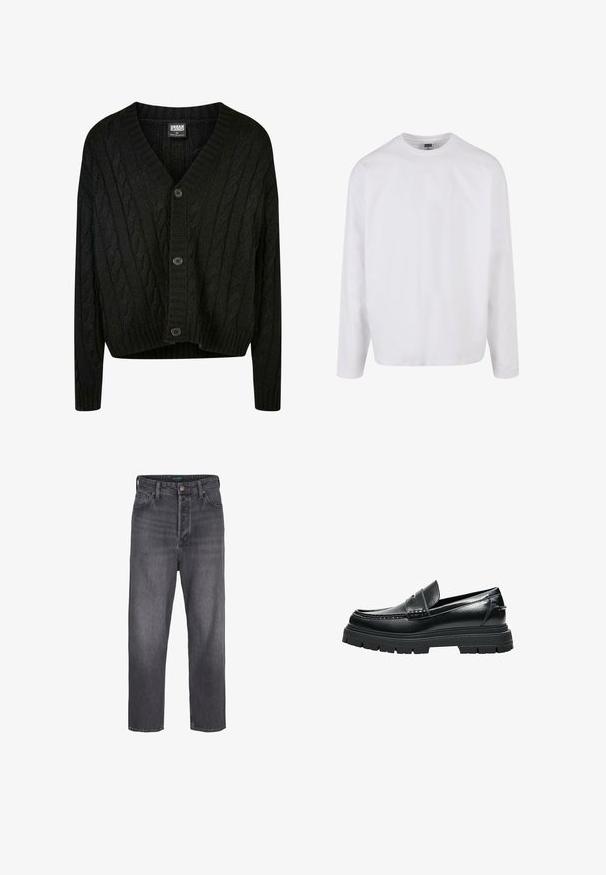 Zwarte kabelgebreide cardigan met een V-hals, lange mouwen en vijf bruine knopen aan de voorkant. Heeft geribbelde accenten en een cropped zoom.; Witte katoenen t-shirt met lange mouwen en een ronde halslijn, een relaxte pasvorm, en zonder zichtbare patronen of accenten. Glad van textuur.; Donkergrijze denim jeans met een rechte pijpzool, hoge taille, vijf zakken en lichte vervaging. Metalen knoop en ritsopening.; Zwarte leren loafer met dikke grof profielzool en pennybandje, zijaanzicht op witte achtergrond.