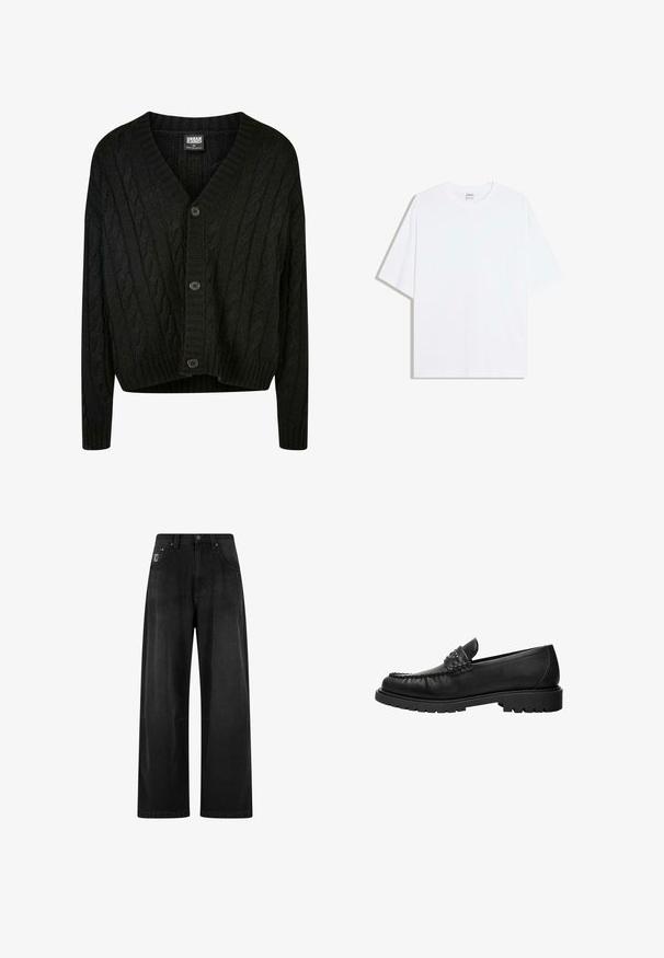 Sort kabelstrik cardigan med V-hals, lange ærmer og fem brune knapper foran. Har ribbede detaljer og en cropped kant.; Hvid oversized bomulds t-shirt med rund hals og korte ærmer; glat tekstur, uden synlige mønstre eller accenter.; Bredde ben sorte denim bukser med høj talje, der har fire lommer og et lille logo-tag på forsiden. Glat tekstur, enkel design.; Sort læderloafer med syninger på toppen, nitter på remmen og tyk gummisål, vist i profil på hvid baggrund.