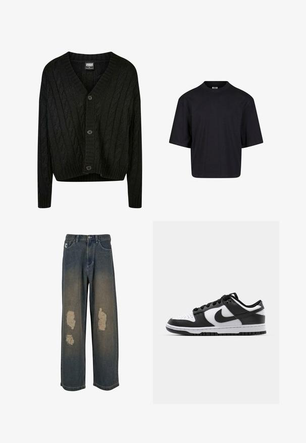 Cárdigan negro de punto trenzado con escote en V, mangas largas y cinco botones marrones en la parte frontal. Cuenta con acentos de canalé y un dobladillo corto.; Camiseta de algodón negra con cuello redondo, mangas cortas y un corte holgado. Textura suave y diseño minimalista. Sin logotipos visibles.; Jeans de denim azul desgastado con pierna ancha, que presentan parches desgastados y bordes deshilachados. Cierre de botón y cremallera de metal, con bolsillos delanteros.; Zapatillas Nike Dunk en blanco y negro con parte superior de cuero, puntera perforada, cordones negros y suela de goma negra con diseño de tracción.