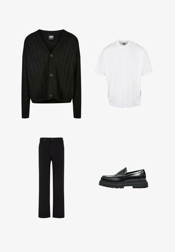 Sort kabelstrik cardigan med V-hals, lange ærmer og fem brune knapper foran. Har ribbede detaljer og en cropped kant.; Hvid bomulds T-shirt med en afslappet pasform, korte ærmer og rund halsudskæring, med en lige kant og ingen synlige grafikker eller mønstre.; Sorte denimbukser med lige ben design, der har en knaplukning, bælteløjfer og forlommer. Glat tekstur og ensartet farve.; Sort læder-loafer med tyk rillede sål og penny remdetaljer, vist fra siden på hvid baggrund.