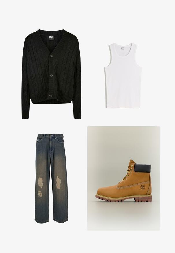 Schwarze Kabelstrick-Cardigan mit V-Ausschnitt, langen Ärmeln und fünf braunen Knöpfen auf der Vorderseite. Mit Rippdetails und einem verkürzten Saum.; Weißes Baumwoll-Tanktop mit rundem Ausschnitt und breiten Trägern. Glatte Textur, keine Muster oder Akzente, schlichtes Design.; Verblasste blaue Denim-Jeans mit weitem Bein, die mit abgenutzten Flecken und ausgefransten Kanten versehen sind. Verschluss mit Metallknopf und Reißverschluss, mit vorderen Taschen.; Brauner Leder-Stiefelette mit schwarzem Kragen, gelben Schnürsenkeln und hellbrauner Sohle. Verfügt über ein Logo und weiße Ziernähe. Robuste Profilsohle.