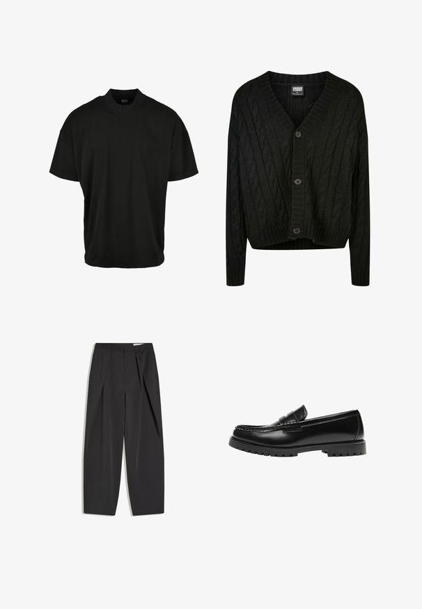Zwarte kabelgebreide cardigan met een V-hals, lange mouwen en vijf bruine knopen aan de voorkant. Heeft geribbelde accenten en een cropped zoom.; Zwarte T-shirt met korte mouwen en een ronde hals, gemaakt van zachte stof, met een ontspannen pasvorm en zonder zichtbare patronen of accenten.; Zwarte, op maat gemaakte, high-waist broek met plooien, riemlussen en een rechte pijpen, plat uitgestald op een witte achtergrond.; Zwarte leren loafer met een dikke rubberen zool en klassieke penny-strap details, gezien vanaf de buitenkant.
