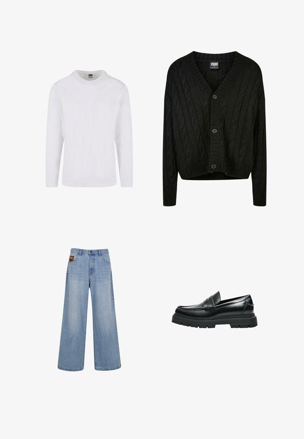 Sort kabelstrik cardigan med V-hals, lange ærmer og fem brune knapper foran. Har ribbede detaljer og en cropped kant.; Langærmet t-shirt med rund hals i hvidt bomuldsstof. Glat tekstur med et enkelt design uden synlige mønstre eller accenter.; Lyseblå vide jeans med høj talje og en lille farverig vævet detalje, der stikker frem fra den højre forlommer.; Sort læder-loafer med tyk rillede sål og penny remdetaljer, vist fra siden på hvid baggrund.