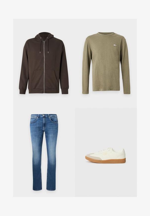 Bruine capuchontrui met rits, een capuchon met trekkoord, voorzakken, geribbelde manchetten en een zachte stoftextuur. Eenvoudig ontwerp met minimalistische accenten.; T-shirt met lange mouwen in olijfgroen, gemaakt van zacht materiaal. Voorzien van een klein logoplaatje op de borst. Ronde halslijn en een losse pasvorm.; Blauwe denim jeans met een rechte snit, voorzien van lichte vervaging, vijf zakken en een knoop-en-rits sluiting. Genaaide details langs de naden.; Schoen gemaakt van wit leer met een beige teenkap en een lichtbruine rubberen zool. Voorzien van platte witte veters en reliëfbranding aan de zijkant.