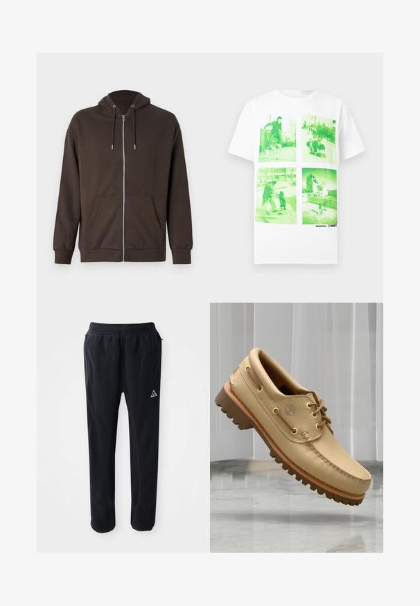Hnedá mikina na zips s kapucňou na šnúrky, prednými vreckami, rebrovanými manžetami a jemnou textúrou látky. Jednoduchý dizajn s minimalistickými prvkami.; Biele tričko so štvoricou fotografií so zeleným nádychom, zobrazujúcich ľudí na skateboarde a chodiacich vonku v mestskom prostredí.; Čierne športové nohavice z mäkkého a textúrovaného materiálu, s elastickým pásom, bočnými vreckami a trojuholníkovou logovou akcentáciou na stehne.; Svetlohnedé kožené lodné topánky s hrubou, akoby ryhovanou podrážkou a detailmi šnurovania, plávajúce nad mramorovou podlahou a pozadím bielych vertikálnych roliet.