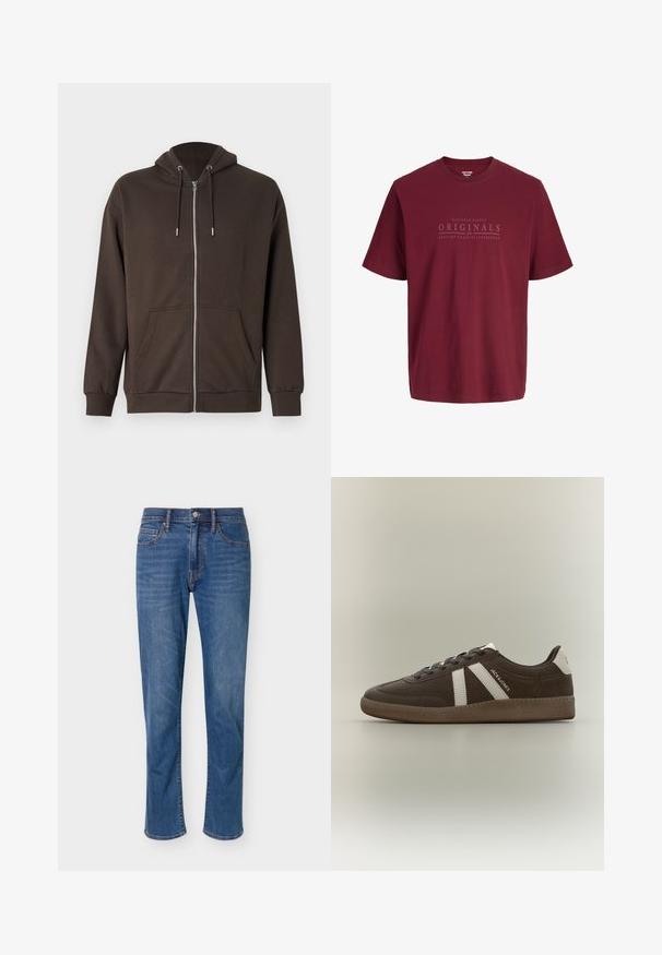 Sweat à capuche marron avec fermeture éclair, capuche à cordon, poches frontales, poignets côtelés et texture de tissu doux. Design simple avec des accents minimalistes.; T-shirt en coton bordeaux à manches courtes avec col rond et texte "Nineteen Ninety Originals 1990 Jack&Jones" imprimé sur la poitrine.; Jean droit bleu en denim avec fermeture devant à bouton et zip, cinq poches et légère décoloration aux cuisses.; Basket en daim marron avec des bandes blanches, un renfort de talon blanc, une semelle gomme et le texte "JACK & JONES" sur le côté, présentée de profil sur un fond uni.