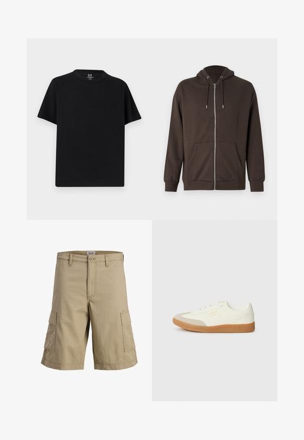 Sweat à capuche marron avec fermeture éclair, capuche à cordon, poches frontales, poignets côtelés et texture de tissu doux. Design simple avec des accents minimalistes.; T-shirt noir à manches courtes avec col rond et ourlet droit, présenté à plat sur un fond gris clair.; Short cargo beige longueur genou avec fermeture à bouton et zip devant et deux poches latérales à rabat.; Baskets en cuir blanc avec une coque beige et une semelle en caoutchouc marron clair. Dotées de lacets blancs plats et d'un logo embossé sur le côté.