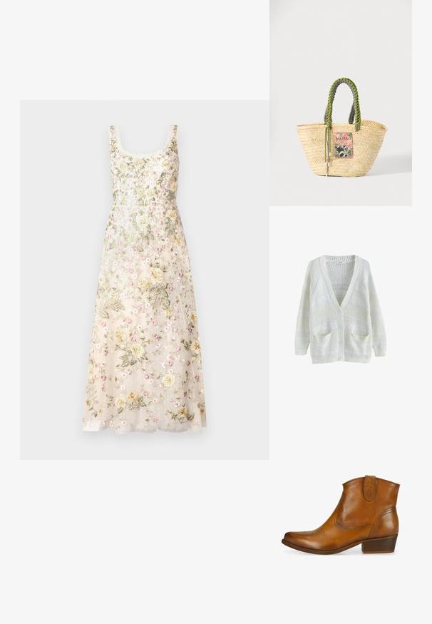 Weiße gestrickte Strickjacke mit V-Ausschnitt, Knopfverschluss und zwei vorderen Taschen. Besitzt strukturierte Muster mit verschiedenen Stichdesigns.; Needle & Thread FLORINE SCOOP NECK BALLERINA DRESS - Ballkleid - cream; Braune Leder-Ankle-Boots mit einem niedrigen Blockabsatz. Verfügt über gestickte Muster an der Zehe und eine dekorative Naht entlang des Kragens.; Geflochtene beige Strohtasche mit geflochtenen grünen und schwarzen Griffen und einem bunten rechteckigen Aufnäher auf der Vorderseite.