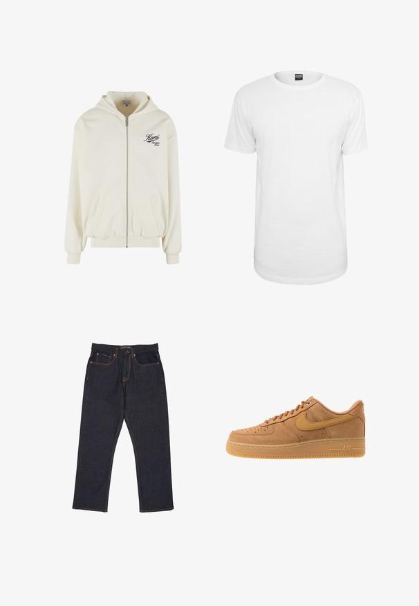 Cremefarvet hoodie med lynlås, hætte, forlommer, ribstrikkede manchetter og en sort logo i skrift på venstre bryst. Blødt, tekstureret stof.; Hvid kortærmet t-shirt lavet af bomuld, med en klassisk rund halsudskæring, en afslappet pasform og uden synlige mønstre eller logoer.; Mørkeblå straight-leg denimjeans med orange syning, forreste knap og lynlås samt fem-lomme design.; Nike Sportswear AIR FORCE 1 07 - Sneakers - flax/wheat/light brown/black/team gold
