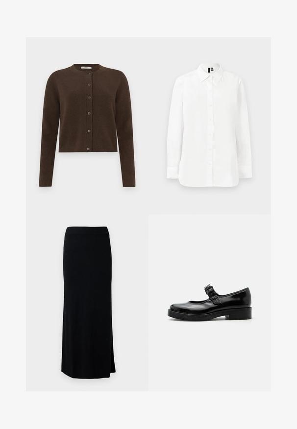 Brun strikket cardigan med rund halsudskæring, knaplukning og lange ærmer. Har en blød tekstur og subtile ribbede detaljer.; Hvid langærmet skjorte med knapper, spids krave, standard manchetter og lige kant mod en ensartet lys baggrund.; Sort, lang, strikket nederdel med en sideslids. Har en strækbar talje og en glat tekstur. Enkel, tætsiddende design. Ingen synlige mønstre eller detaljer.; Sort laklæder Mary Jane-sko med rund tå, lav blokhæl og justerbar spænde-rem over vristen.