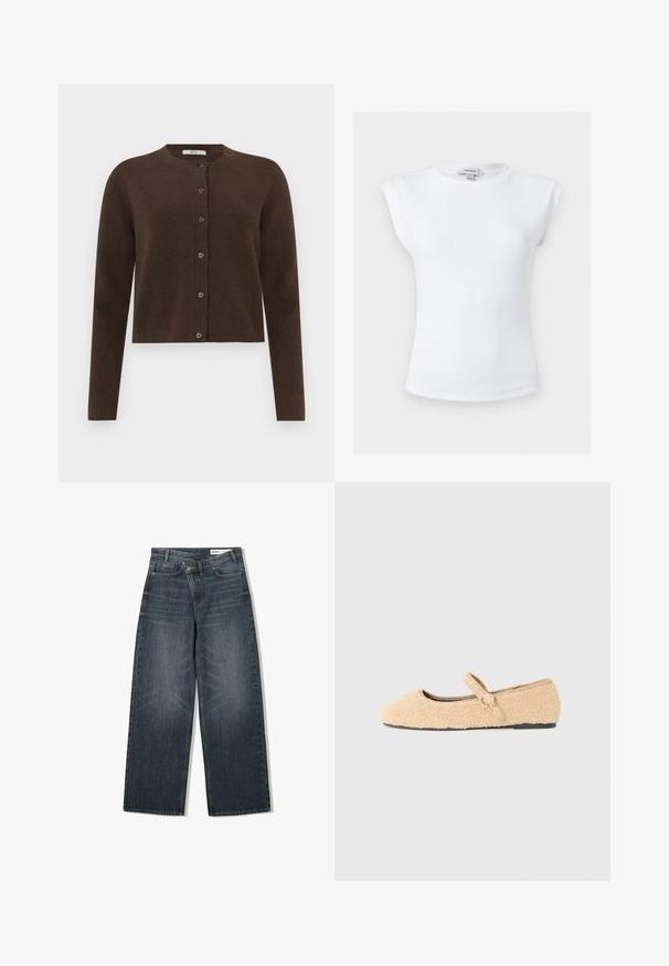 Ruskea neulottu neulecardigan, jossa on pyöreä kaula-aukko, nappisulku ja pitkät hihat. Ominaisuuksiin kuuluu pehmeä rakenne ja hillitty ribbitekstuuri.; Valkoinen ribbineuloksinen hihaton toppi pehmustetuilla harteilla ja pyöreällä pääntiellä, koko small, Topshopin merkkilappu kauluksen sisäpuolella.; Tummanpesun farkut, joissa on leveä lahje, korkea vyötärö, viisi taskua ja hienovarainen kulutusvaikutus etupuolella.; Beige pehmeä Mary Jane -tyylinen tasapohjainen kenkä pyöreällä kärjellä, säädettävällä hihnalla ja pyöreällä soljella, mustalla pohjalla valkoista taustaa vasten.