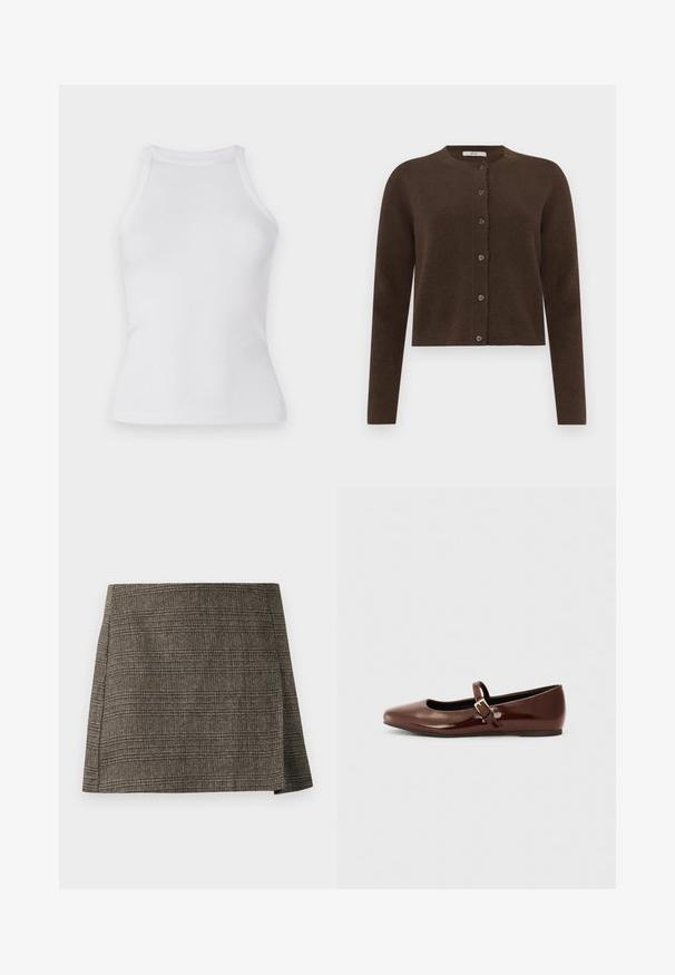 Brun strikket cardigan med rund halsudskæring, knaplukning og lange ærmer. Har en blød tekstur og subtile ribbede detaljer.; Hvid ribbet top med en tætsiddende design, rund halsudskæring og uden ærmer. Fremstillet af strækbart stof for komfort og bevægelsesfrihed.; Brun og grå plaid mini nederdel med subtilt sidesnit, lige snit og tekstureret stof.; Brun patentlæder balletflade med firkantet tå og strop med en lille guldbuckle. Glat tekstur, lav hæl og minimalistisk design.