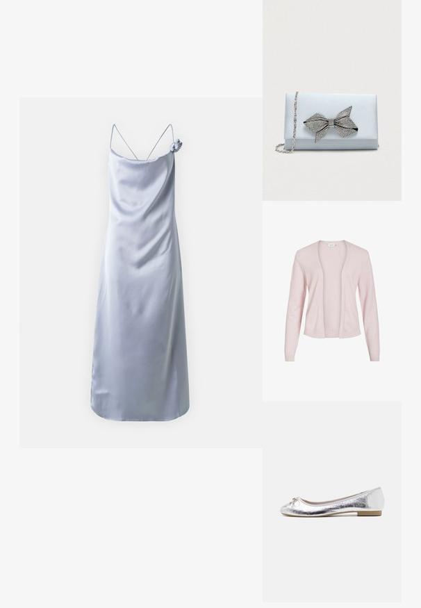 Gilet rose clair en tissu doux, avec un devant ouvert, des manches longues, des poignets côtelés et un ourlet côtelé. Texture lisse sans fermetures.; Robe en satin bleu clair avec des bretelles spaghetti, un décolleté en V et une décoration florale sur l'épaule. Texture lisse et coupe ajustée.; Ballerines argentées avec une finition métallique, bout arrondi, accent de nœud à l'avant et un petit talon pour plus de confort.; Pochette en satin bleu clair avec une chaîne en argent et un grand nœud en strass sur le rabat avant.
