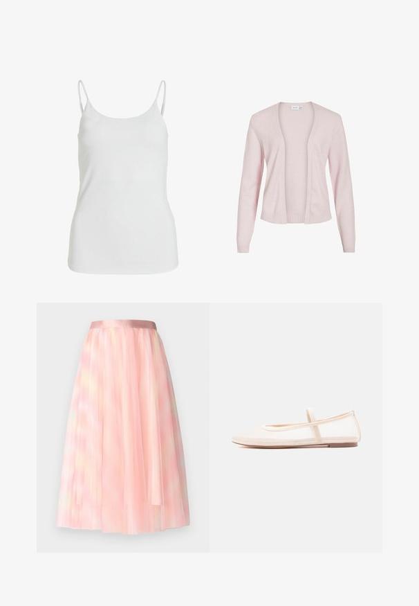 Gilet rose clair en tissu doux, avec un devant ouvert, des manches longues, des poignets côtelés et un ourlet côtelé. Texture lisse sans fermetures.; Débardeur blanc en tissu lisse, avec de fines bretelles spaghetti et un design simple et sans embellissement.; Ida Sjöstedt FLAWLESS SKIRT - Jupe trapèze - pink; Ballerines avec une tige en mesh beige transparent et une bride en satin, dotées d'un bout arrondi et d'une semelle basse marron. Design léger et flexible.