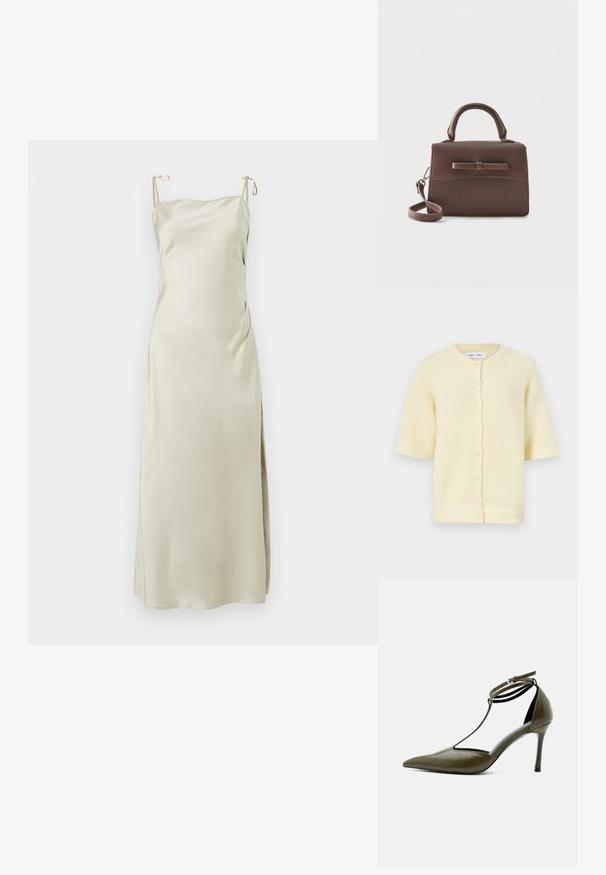 Cardigan jaune à manches courtes en texture côtelée avec un col rond et une fermeture par boutons sur le devant.; Robe glissante en satin de couleur beige clair, dotée de bretelles réglables, d'un décolleté droit et d'une fente sur le côté pour plus de confort et de liberté de mouvement.; Chaussure à talon haut vert olive à bout pointu avec bride à la cheville et design à bride en T, finition brillante, talon stiletto fin, sur fond blanc.; Petit sac à main en cuir marron avec poignée supérieure, bandoulière amovible et rabat avant accentué par une bande horizontale en cuir.