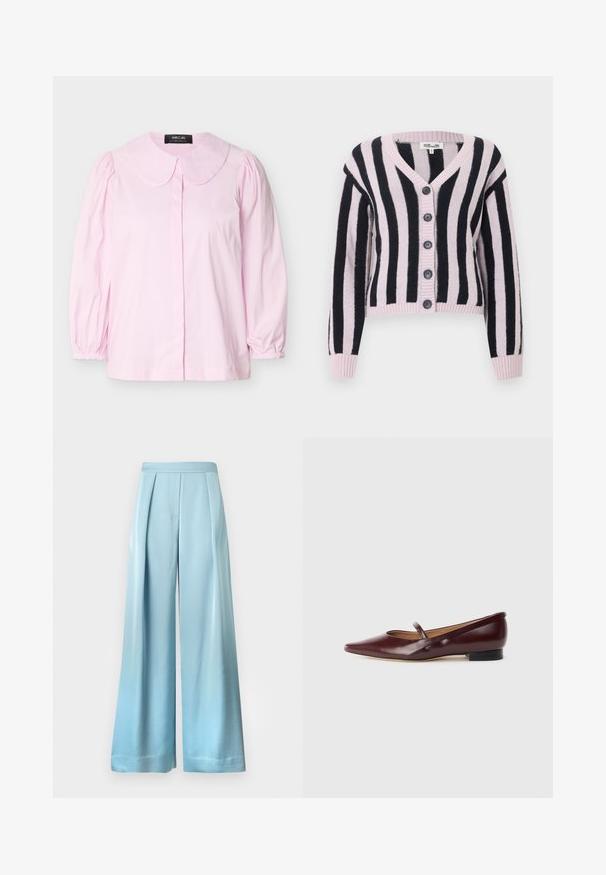 Cardigan en maille à rayures verticales roses et noires, manches longues, cinq boutons noirs sur le devant, col en V.; Blouse rose clair à manches longues avec col arrondi, épaules froncées, poignets élastiques et fermeture boutonnée cachée à l'avant, présentée sur un fond blanc.; Pantalon bleu clair à jambes larges, taille haute et plis devant, conçu pour une coupe ample et fluide.; Chaussure plate en cuir verni bordeaux avec un bout pointu et une sangle décorative sur le cou-de-pied. Présente un petit talon noir.