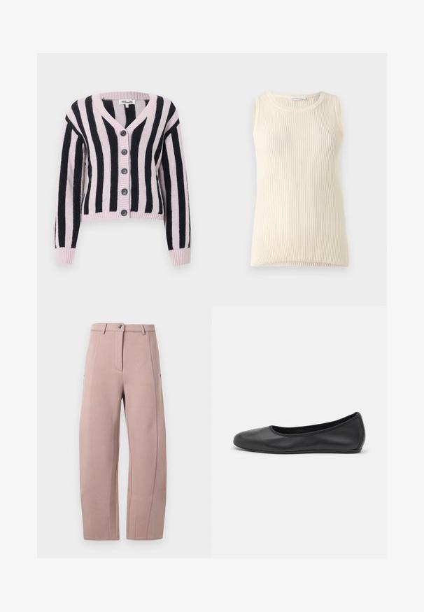 Lyserød og sort stribet cardigan med lange ærmer og fem sorte knapper foran, V-udskæring.; Ärmløs cremefarvet top med ribbet tekstur og rund halsudskæring. Stoffet ser blødt ud, med en tætsiddende form og ingen synlige mønstre eller accenter.; Bukser i blød, lys rosa stof med lige snit, der har en frontlynlås, knaplukning og sidelommer. Glat tekstur med sømdetaljer.; Sort læderballetsko med rund tå, glat tekstur, minimal syning og et fleksibelt såldesign.