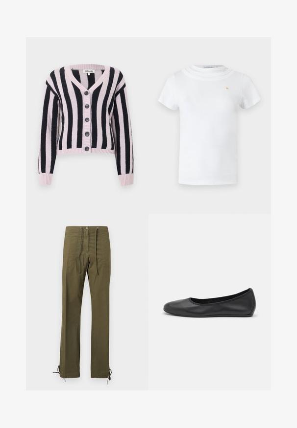 Cardigan en maille à rayures verticales roses et noires, manches longues, cinq boutons noirs sur le devant, col en V.; T-shirt blanc à manches courtes avec un col rond superposé et un petit emblème doré sur la poitrine gauche.; Pantalon en coton vert olive à coupe décontractée, avec plis à l'avant, taille à cordon de serrage et liens ajustables aux ourlets pour personnalisation.; Ballerines en cuir noir avec un bout rond, texture lisse, détails de couture minimalistes et design de semelle flexible.
