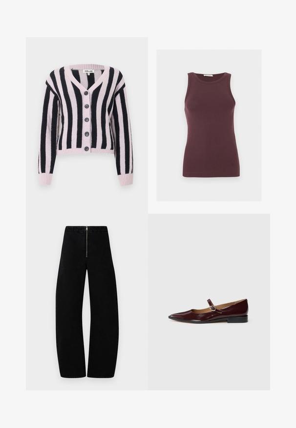 Cardigan en maille à rayures verticales roses et noires, manches longues, cinq boutons noirs sur le devant, col en V.; Débardeur ajusté sans manches de couleur violet foncé avec un col rond et un logo discret près de l'ourlet, présenté sur un fond clair uni.; Pantalon en denim noir avec une fermeture éclair, coupe large et texture lisse. Aucun motif ou accent visible. Silhouette propre et simple.; Ballerines en cuir verni bordeaux de type Mary Jane avec un bout pointu, un talon plat et une sangle décorative avec une boucle circulaire.