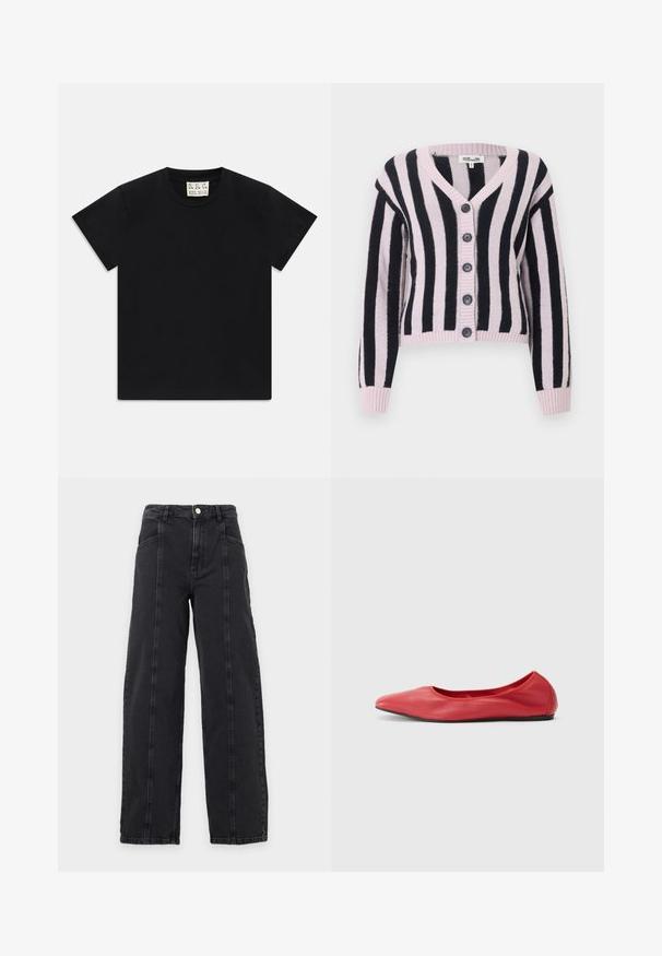Cardigan en maille à rayures verticales roses et noires, manches longues, cinq boutons noirs sur le devant, col en V.; T-shirt noir à manches courtes avec col rond, portant une étiquette blanche à l'intérieur du col étiquetée "D.R.C. EST. 2002" sur fond blanc.; Jean noir taille haute à jambes droites avec poches avant, coutures visibles, passants de ceinture et fermeture par bouton sur un fond uni.; Filippa K REY FLATS - Ballerines - bright red