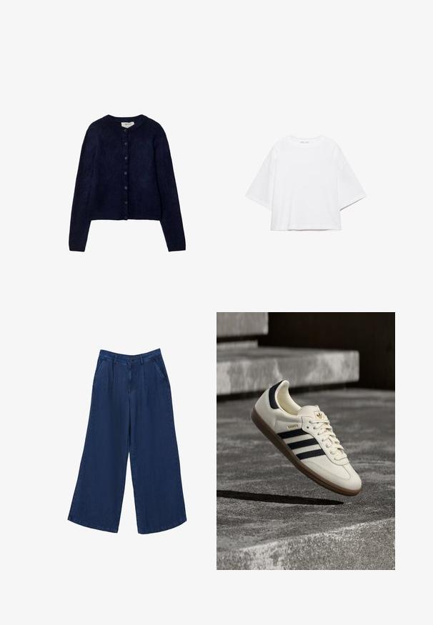 Stradivarius BUTTONED - Strickjacke - dark blue; Weißes, kurzärmeliges, kastiges T-Shirt aus weicher Baumwolle. Es verfügt über einen Rundhalsausschnitt und breite Ärmel mit einem klaren, schlichten Design.; Weite Jeanshose in Dunkelblau. Sie verfügt über zwei Fronttaschen, einen Knopfverschluss und hat eine glatte Textur mit einem leichten Stoff.; Weißer Adidas Samba Sneaker mit schwarzen Streifen und Gummisohle, schwebend über strukturierten grauen Betontreppen.