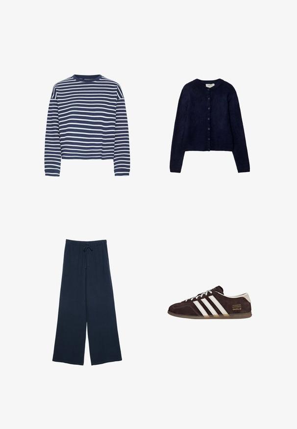 Stradivarius BUTTONED - Kardigán - dark blue; Námornícky modrý top s dlhým rukávom a bielymi horizontálnymi pruhmi, s okrúhlym výstrihom a skráteným lemom. Tkanina vyzerá byť jemná s textúrovaným povrchom.; Námořnické široké kalhoty vyrobené z měkké tkaniny s elastickým pasem a šňůrkou, s hladkým povrchem a bez viditelných vzorů.; Hnedé semišové tenisky s tromi bielymi pruhmi, gumovou podrážkou a textovou nálepkou s nápisom "Gazelle" v zlatej farbe. Šnurovacie sivošedé šnúrky.