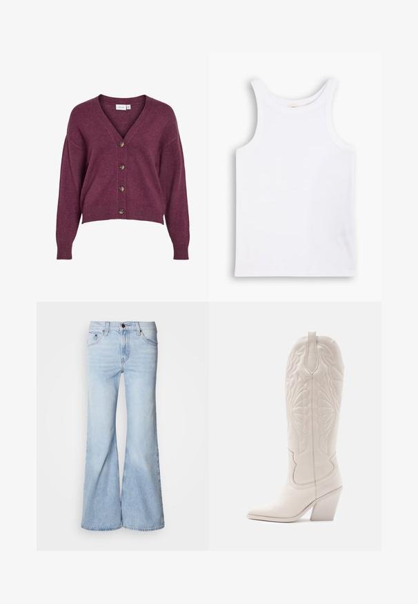 Bordeauxkleurige cropped cardigan met een V-hals, vijf bruine knopen en lange mouwen met ribgebreide manchetten en onderrand, gemaakt van zacht breiwerk.; Witte katoenen tanktop met brede schouderbanden, een ronde halslijn en een gladde, geribbelde textuur. Geen patronen of accenten aanwezig.; Lichtblauwe flare jeans met een hoge taille, gemaakt van denim, voorzien van vijf zakken en een knoopsluiting. De pijpen zijn wijd en hebben een licht vervaagde afwerking.; Witte leren cowboylaars met een spitse neus en een vierkante hak. Heeft ingewikkelde stikpatronen op de schacht en een soepele textuur.