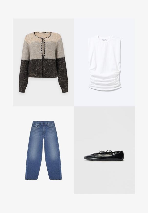 Strickjacke in Beige, Grau und Schwarz. Mit rundem Halsausschnitt, Knopfverschluss vorne und kontrastierenden schwarzen Details am Rand.; Weißes ärmelloses T-Shirt mit rundem Halsausschnitt, gepolsterten Schultern und gerafften Seiten, flach auf hellem Hintergrund ausgelegt.; Hellblaue, weit geschnittene Jeans mit klassischer Denim-Textur, Fünf-Taschen-Design und frontalem Knopfverschluss. Abgestufte Akzente auf dem Stoff.; Schwarze spitz zulaufende flache Schuhe mit Schnürung und Ösen entlang der Kanten, vor einem weißen Hintergrund präsentiert.