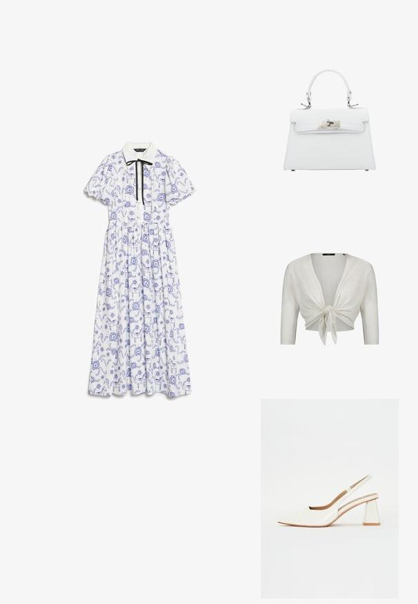Witte cropped cardigan met driekwartmouwen, vastgeknoopt aan de voorkant, gemaakt van lichtgewicht gebreide stof.; Witte midi-jurk met pofmouwen, blauwe bloemen- en paardenprint, knoopsluiting aan de voorkant en een zwarte lintstrik aan de kraag.; Witte patenten leren slingback schoen met een spitse neus en een geometrische blokhak. Het interieur heeft een tan kleurige inlegzool en minimale zijsnedes.; Witte leren handtas met een gestructureerd ontwerp, handvat aan de bovenkant en zilveren hardware, voorzien van een gesp-sluiting en subtiele stiksels.