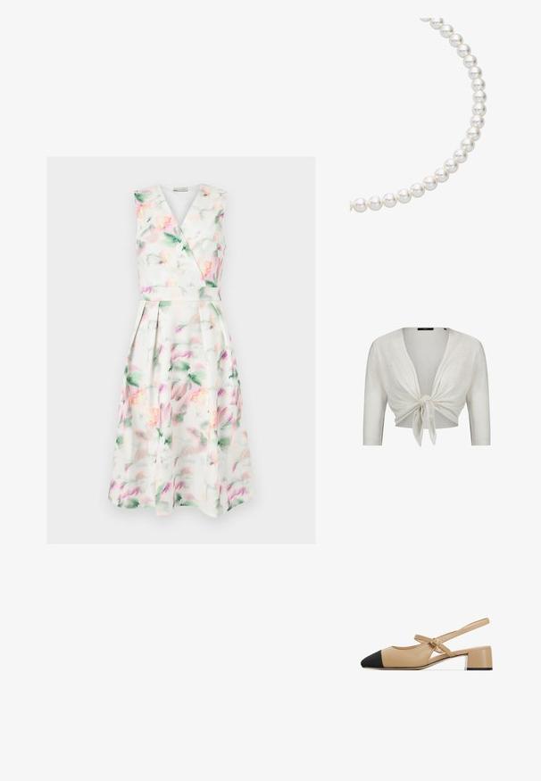 Hvid cropped cardigan med trekvartlange ærmer, bundet i en knude foran, lavet af letstrikket stof.; Ærmeløs hvid midi-kjole med pastel akvarelblomstret print, V-hals omslagsbodice, tætsiddende talje og plisseret nederdel.; Beige læderslippers med sort spids tå, spænde rem og en lav blokhæl med en sølv detalje ved bunden.; Perlekæde med runde, glinsende hvide perler, der er trukket sammen, og som viser en glat overflade og en ensartet sfærisk form.