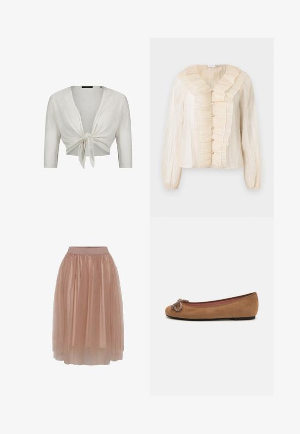 Witte cropped cardigan met driekwartmouwen, vastgeknoopt aan de voorkant, gemaakt van lichtgewicht gebreide stof.; Crème-kleurige blouse met een ruchesnek en ruches aan de voorkant, knoopsluitingen, lange mouwen en een zachte textuur. Accenten in een bijpassende tint.; Tulle rok in een zachte nude kleur met een aansluitende elastische tailleband, met gelaagd, doorschijnend, lichtgewicht materiaal en een soepele textuur.; Bruine suède ballerina's met een ronde neus, voorzien van een decoratieve touwknopen aan de voorkant en een vlakke zool.