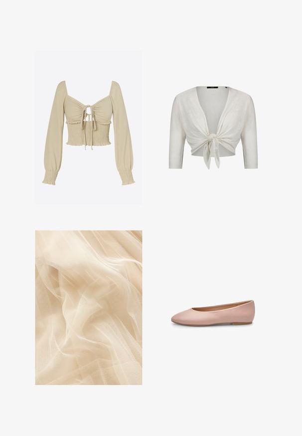 Hvid cropped cardigan med trekvartlange ærmer, bundet i en knude foran, lavet af letstrikket stof.; Lysebeige cropped top i glat stof; har lange, puffede ærmer, ét sammentrukket bryst med bindefront og smockdetalje ved taljen.; Lys beige tylstof med en blød, gennemsigtig tekstur, der har et fint netvæv, som skaber bløde bølger og folder.; Lyserød ballerina i læder med spids tå, glat tekstur, få detaljer og en solid lys brun sål. Enkelt design uden pynt.