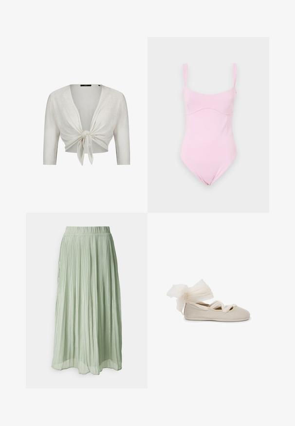 Cardigan blanc court avec manches trois-quarts, noué devant, en tissu tricot léger.; Good American TANK - Débardeur - flora; Jupe midi plissée en tissu vert clair avec une texture douce. Taille élastique, design fluide et léger éclat partout.; Ballerines beige avec une finition texturée, présentant un nœud élégant en tissu transparent au talon et des brides entrecroisées sur le dessus.