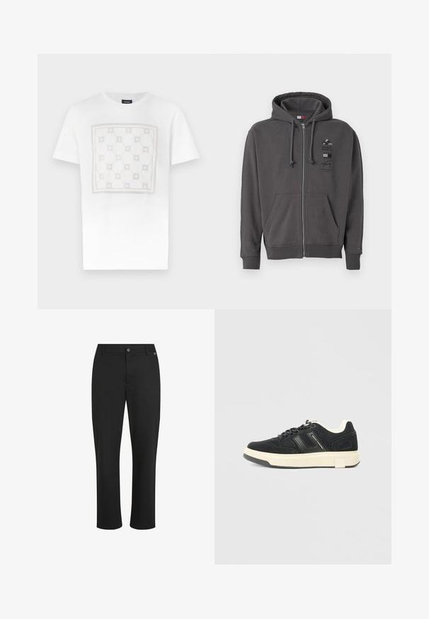 Graue Zip-Hoodie mit Kapuze mit Kordelzug, Fronttaschen, gerippten Bündchen und einem Logo-Graphic auf der Brust. Weicher, strukturiert Stoff.; Weißes Baumwoll-T-Shirt mit einem großen, dezenten Quadratmuster in hellem Beige mit abgerundeten Formen und Akzenten, versehen mit einem Rundhalsausschnitt.; Schwarze Hose aus glattem Stoff, mit geradem Bein, vorderer Knopfverschluss und dezentem Logo-Detail am Bund.; Schwarze Low-Top-Sneaker mit weißer Sohle, schwarzen Schnürsenkeln und dem "Armani Exchange"-Logo auf dem Seitenpanel, vor einem einfarbigen grauen Hintergrund.