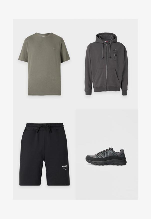 Sweat à capuche gris zippé avec cordon de serrage, poches avant, poignets côtelés et un logo graphique sur la poitrine. Tissu doux et texturé.; T-shirt en coton vert olive avec un col rond, des manches courtes et un petit logo blanc sur la poitrine. Design simple et épuré.; Shorts en coton noir avec une taille élastique, un cordon de serrage et des détails de logo blanc. Texture lisse et design à longueur de genou.; Baskets basses noires et grises avec semelle épaisse, lacets à l'avant et logo triangulaire sur le côté sur fond blanc.