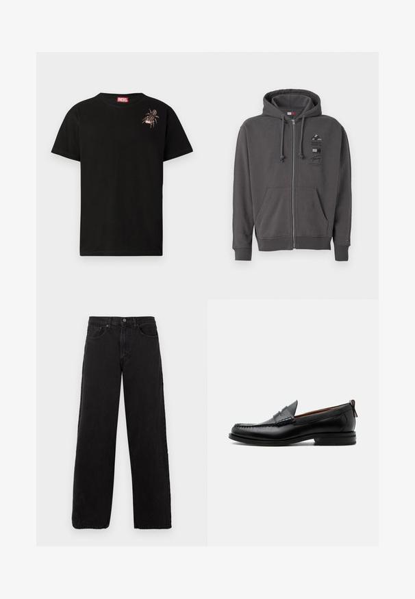 Sivá mikina na zips s kapucňou na šnúrku, prednými vreckami, rebrovanými manžetami a grafickým logom na hrudi. Mäkko štruktúrovaná tkanina.; Čierne bavlnené tričko s krátkym rukávom, s dekoratívnym motívom pavúka na ľavej strane hrude a červenou nášivkou loga Diesel na výstrihu.; Čierne deninové džínsy s rovnými nohavicami, štýlovým piatimi vreckami a zapínaním na gombík. Štruktúrovaná tkanina a minimalistická estetika.; Čierny kožený pánsky mokasín s prešitím moc toe, penny remienkom, textúrovaným golierom a nízkym vrstveným podpätkom na bielom pozadí.