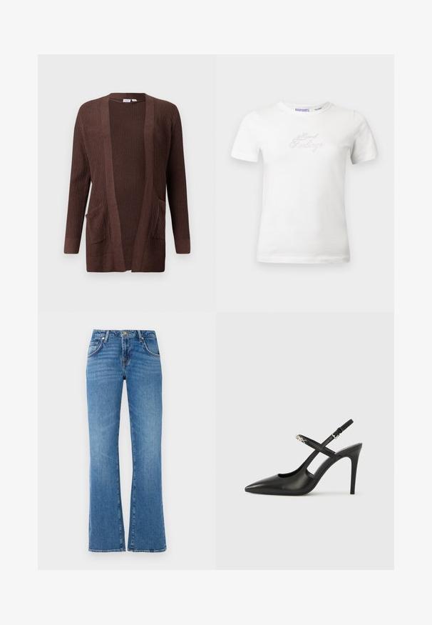 Cárdigan de punto marrón con acanalado texturizado, delantero abierto, dos bolsillos frontales y mangas largas. Adecuado para superponer y uso casual.; Camiseta blanca de algodón de manga corta, con un diseño de texto "Sentimientos Mixtos" que brilla en strass plateados en la parte frontal.; Vaqueros de mezclilla azul claro con un diseño de pierna acampanada, que cuentan con cinco bolsillos, un cierre de botón y cremallera, y patrones sutiles de desgaste.; Tacones altos slingback de cuero negro con punta afilada, diseño con recortes y correa ajustable con herrajes metálicos.