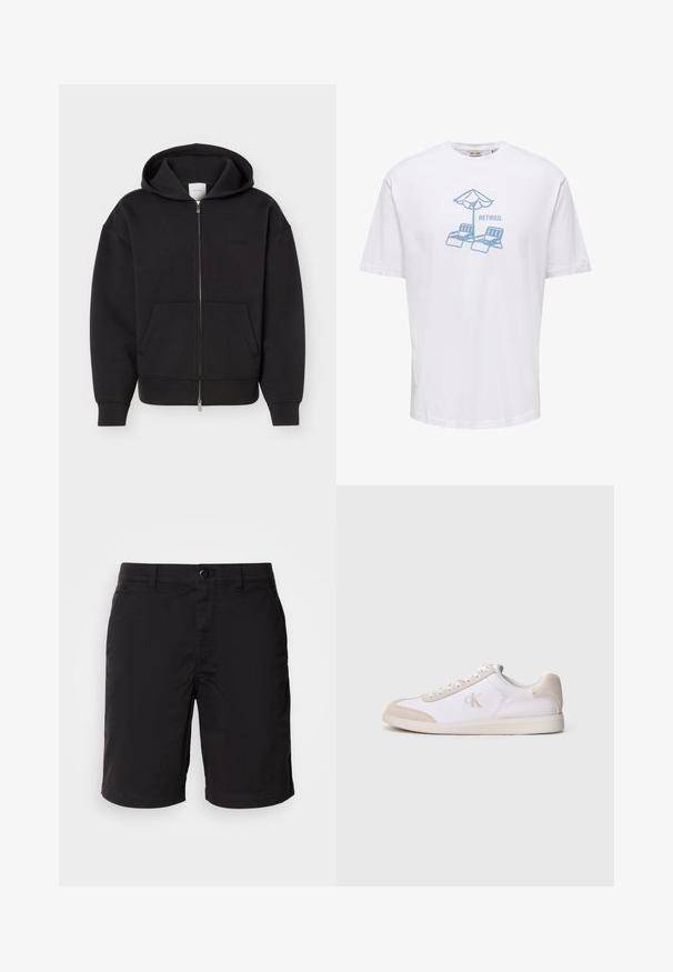 Schwarzer Kapuzenpullover mit durchgehendem Reißverschluss, Fronttaschen, langen Ärmeln und Kapuze, auf hellem, einfarbigem Hintergrund präsentiert.; Weißes kurzärmeliges T-Shirt mit blauem Motiv von zwei Liegestühlen unter einem Sonnenschirm und dem Wort „RETIRED.“ daneben gedruckt.; Schwarze Shorts aus leichtem Stoff, mit Knopfverschluss, normaler Taille und geradem Schnitt. Keine Muster oder sichtbaren Akzente.; Weißer und beiger Sneaker mit niedriger Schnittform, Schnürverschluss, Wildlederakzenten und „cK“-Logo an der Seite, im Profil vor einfarbigem Hintergrund gezeigt.