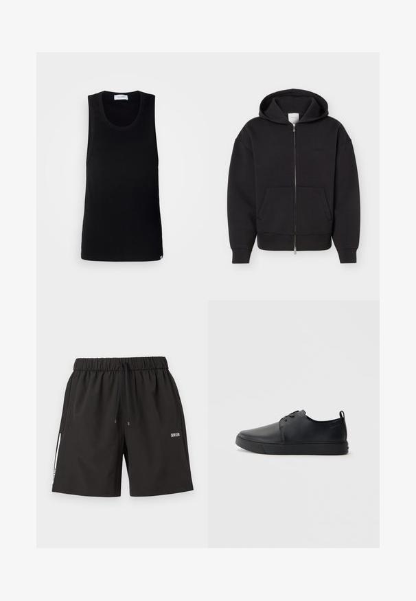 Sort lynlås-hoodie med forlommer, lange ærmer og hætte, vist på en ensfarvet lys baggrund.; Sort ærmeløs tanktop lavet af bomuld, med en rund halsudskæring og et enkelt design med en diskret mærkeetiket ved kanten.; Sorte shorts med elastik i taljen og snøre, sidelommer og hvidt Calvin Klein-logo på højre lår samt hvid stribe på venstre benåbning.; Sorte lædersneakers med en glat finish, rund tå, tonalt syning, snøring foran og en flad gummisål. Løkke ved hælen.