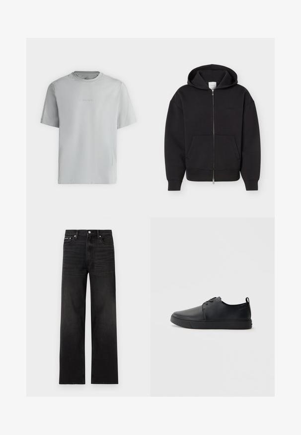 Sweat à capuche noir zippé avec poches avant, manches longues et capuche, présenté sur un fond clair uni.; T-shirt gris clair à manches courtes avec col rond et logo « Calvin Klein » embossé centré sur la poitrine.; Jean noir droit avec cinq poches, passants pour ceinture et fermeture par bouton, présenté sur un fond blanc.; Baskets en cuir noir avec une finition lisse, bout arrondi, coutures ton sur ton, devant à lacets et semelle plate en caoutchouc. Anse au talon.