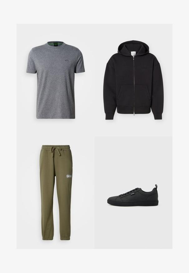 Sudadera negra con cremallera, bolsillos frontales, mangas largas y capucha, mostrada sobre un fondo claro y liso.; Camiseta de manga corta gris hecha de una mezcla de algodón. Cuenta con un escote redondo y un pequeño logotipo negro "BOSS" en el lado izquierdo del pecho. Textura suave.; Pantalones de chándal verde oliva hechos de tejido suave, con una cinturilla elástica y cordón ajustable, y un pequeño logo bordado en la parte frontal.; Zapatilla negra de corte bajo con cierre de cordones, suela plana y pequeña etiqueta "HUGO" en el lateral, mostrada de perfil sobre fondo claro.