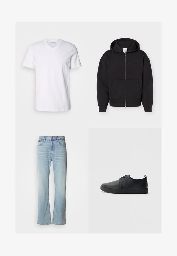 Schwarzer Kapuzenpullover mit durchgehendem Reißverschluss, Fronttaschen, langen Ärmeln und Kapuze, auf hellem, einfarbigem Hintergrund präsentiert.; Weißes Baumwoll-V-Ausschnitt-T-Shirt mit kurzen Ärmeln, das ein kleines Logo auf der Brust zeigt. Glatte Textur, normale Passform und klassisches Design.; Hellblaue Jeans aus Denim mit geradem Bein, ausgestattet mit fünf Taschen, einem Knopfverschluss und subtilen Verwaschungen im Stoff.; Schwarze Leder-Sneaker mit glatter Oberfläche, abgerundeter Zehenpartie, gleichfarbiger Nähte, schnürbarem Vorderteil und flacher Gummisohle. Schlaufe an der Ferse.