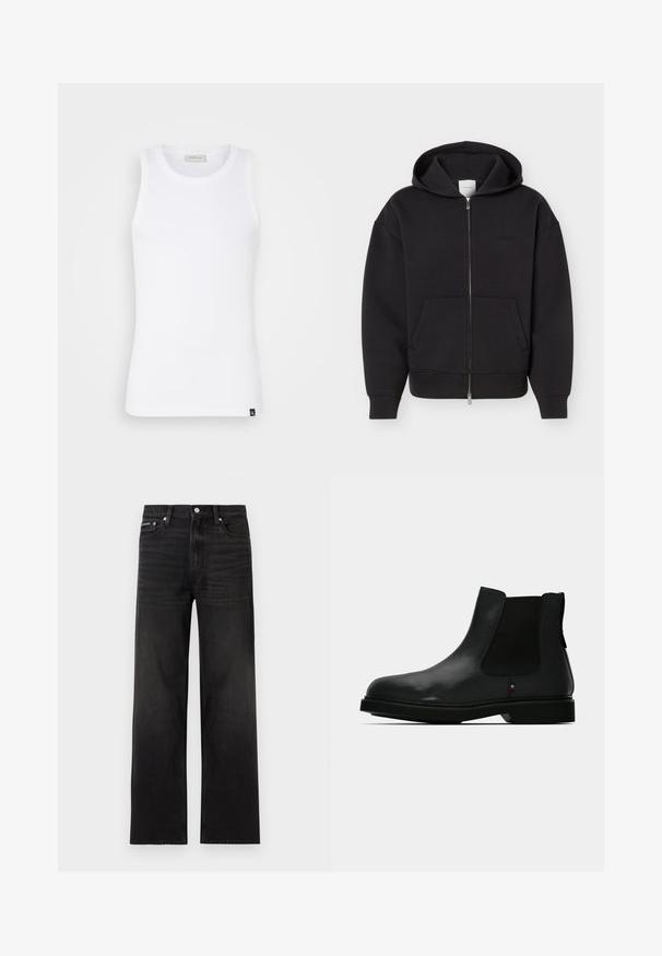 Sort lynlås-hoodie med forlommer, lange ærmer og hætte, vist på en ensfarvet lys baggrund.; Hvid ærmeløs tanktop lavet af ribbet stof med rund halsudskæring og et lille logo-tag ved kanten. Glat tekstur og tætsiddende design.; Sorte jeans med lige ben, fem-lomme design, bæltestropper og knaplukning, vist på en hvid baggrund.; Sort læder Chelsea-støvle med elastiske sidepaneler, rund tå og tekstureret overdel. Har en flad gummisål og diskret mærkedetalje.
