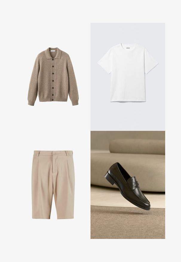 Beige strikket cardigan med krave, knaplukning foran, ribstrikkede manchetter og kant. Har seks mørke knapper og et struktureret stof.; Hvid kortærmet crewneck T-shirt lagt fladt ud, ensfarvet design, med "WEEKDAY" mærkat inde i kraven på en lys baggrund.; Beige skræddersyede shorts med plisseringer, der har en knaplukning og klassisk design. Glat tekstur, knælængde og ingen synlige lommer.; Sort lædersko med slip-on design, svævende over beige tæppe med beige sofa i baggrunden, der fremhæver klassisk herrestil.